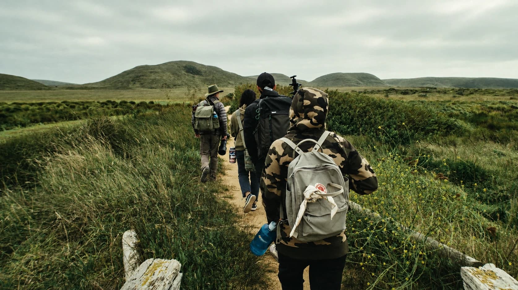 A group of hikers walking together along a grassy trail